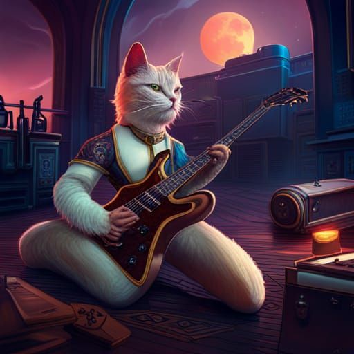 Cat Plays Guitar: Detailed Matte Painting