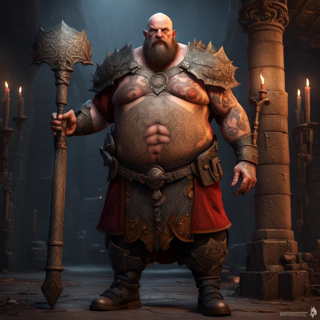 Detailed Half-Giant Warrior in a Dark Dungeon