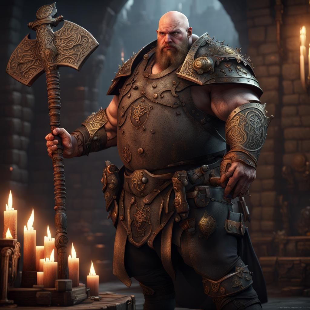 Detailed Half-Giant Warrior in Dark Dungeon