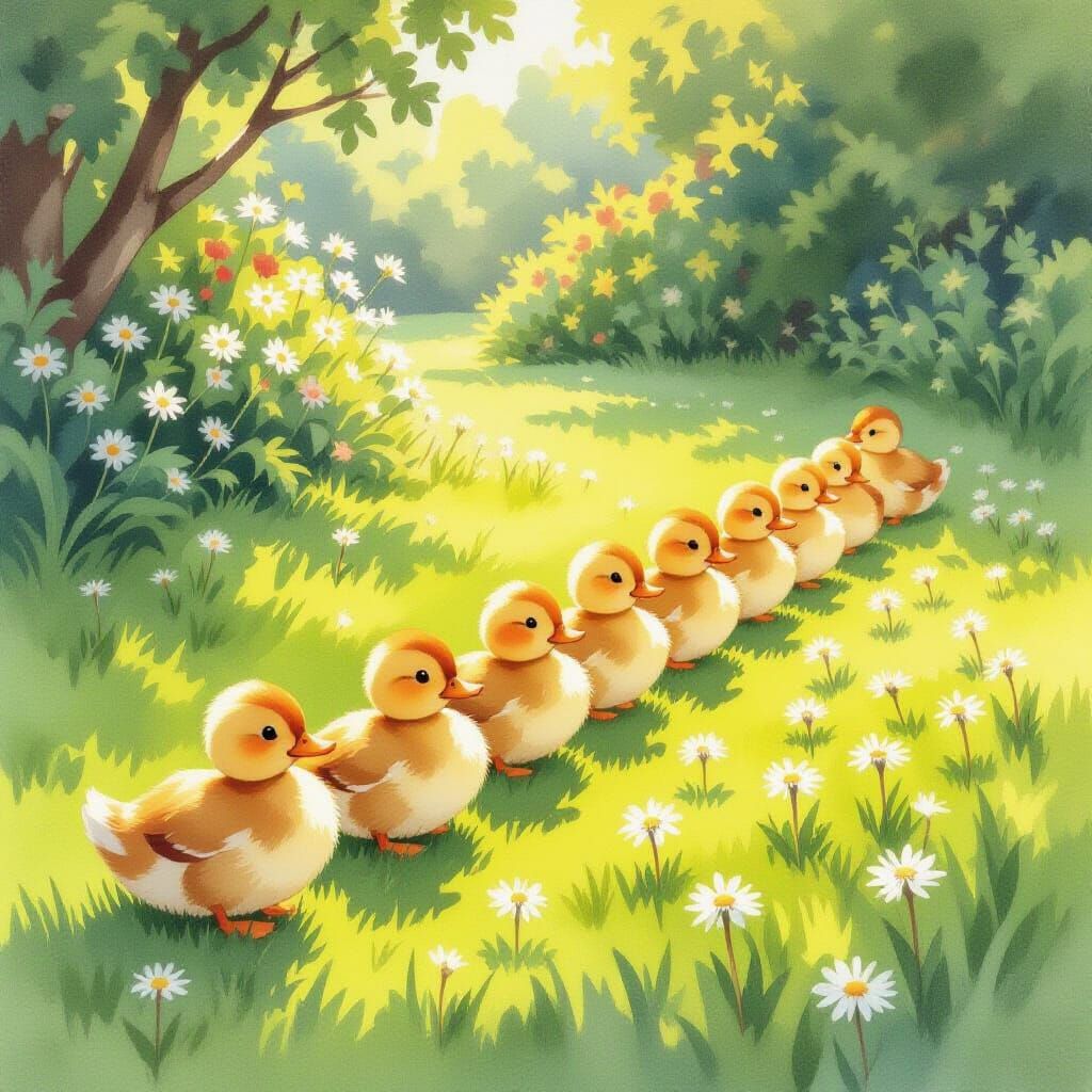 Whimsical Ducks in Orderly Row Watercolor Painting