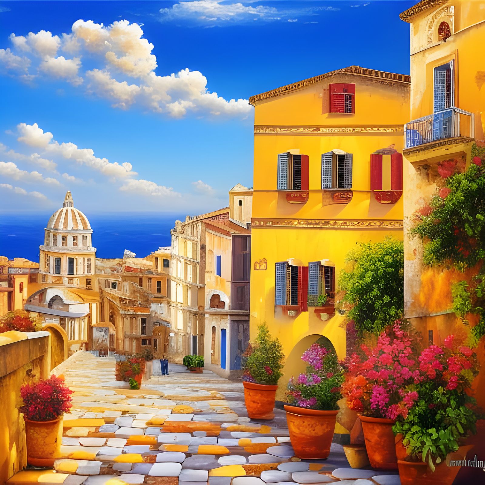 Picturesque Sicily Town in Dreamy Oil Painting