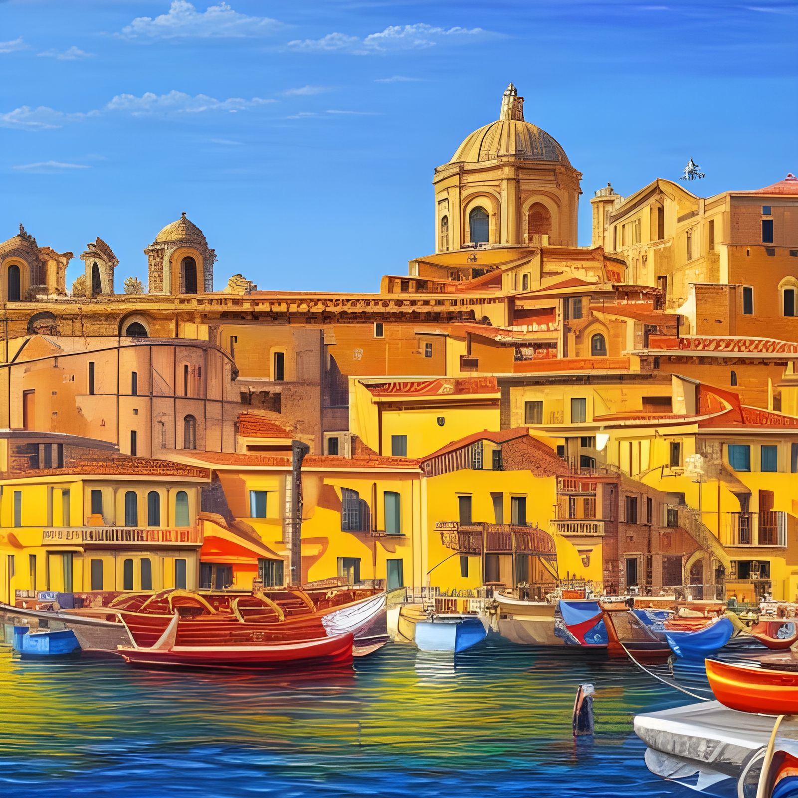 Colorful Sicily Town Oil Painting with Sea View