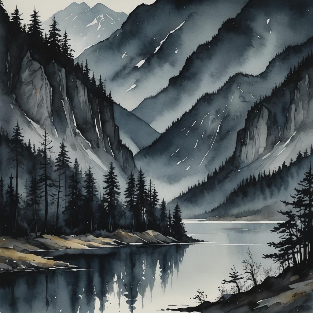 Moody Watercolor Art of Dark Lake and Mountains