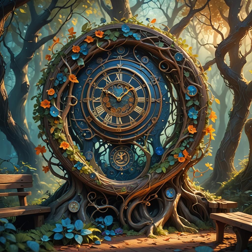 Living Clock in Magical Forest, Art Nouveau Style