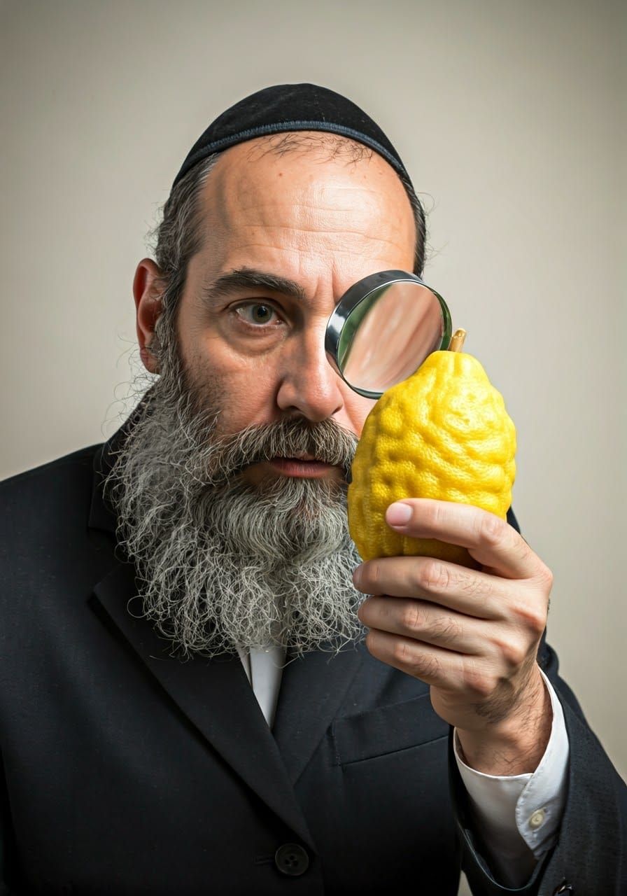 Examining an Etrog with Magnifying Glass