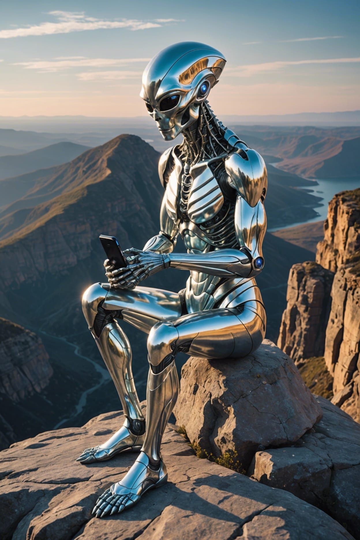 Silver Alien Creature with Phone on Cliff