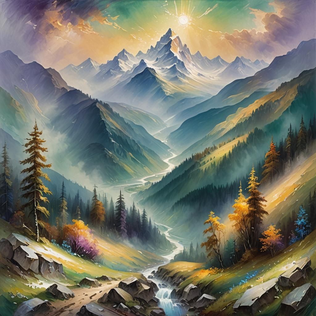 Exotic Mountain Landscape in Oil Paint Style