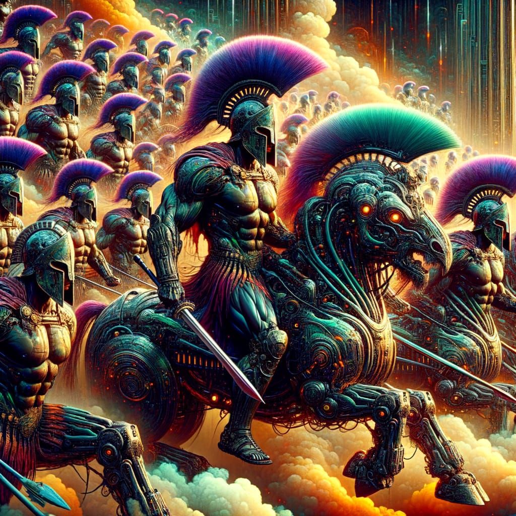 Spartans in Futuristic Hoplite Armor Ride Robotic Rhinoceros...