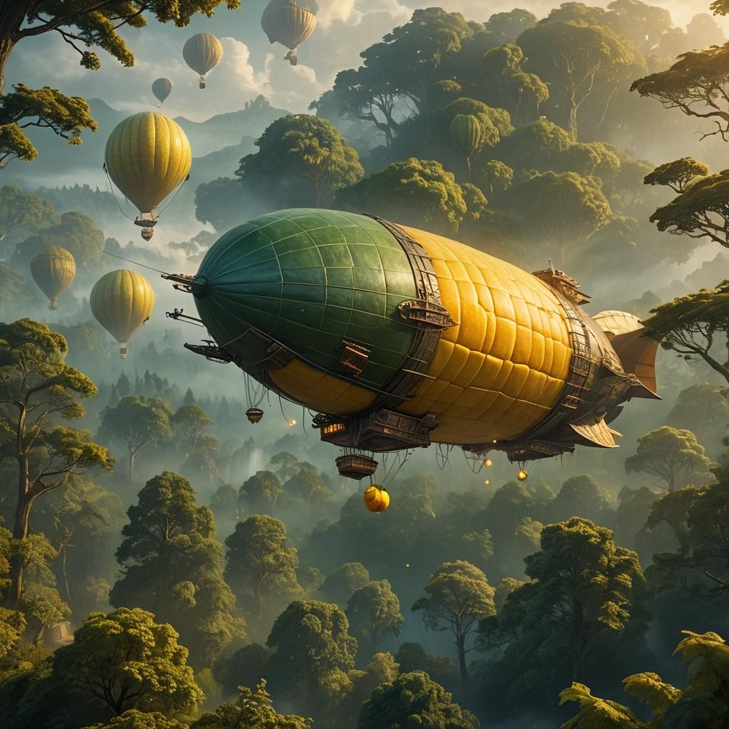 Airship with Melon Floats Over Misty Forest