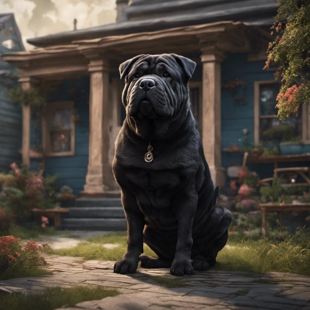 Black Sharpei Dog in Yard: Matte Painting