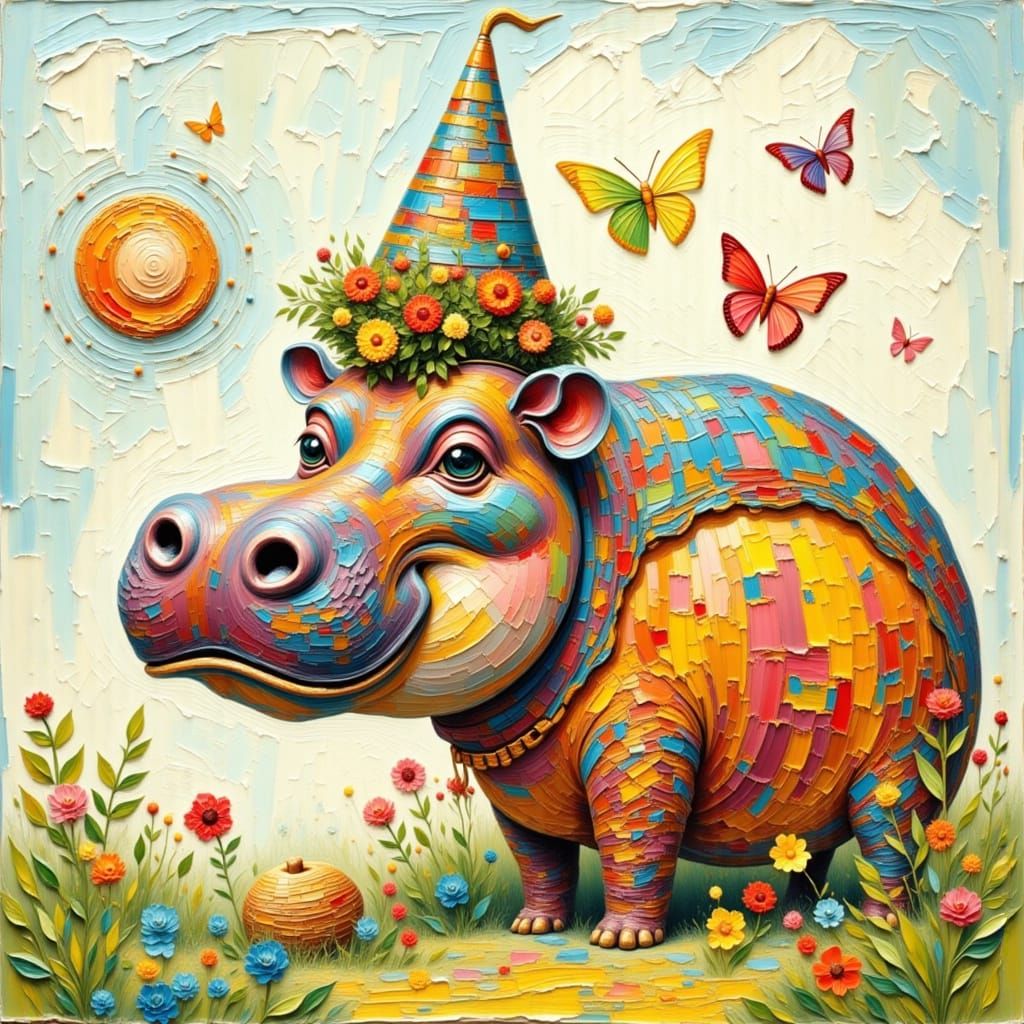 Curious Hippo in Thick Impasto Oil Painting Style