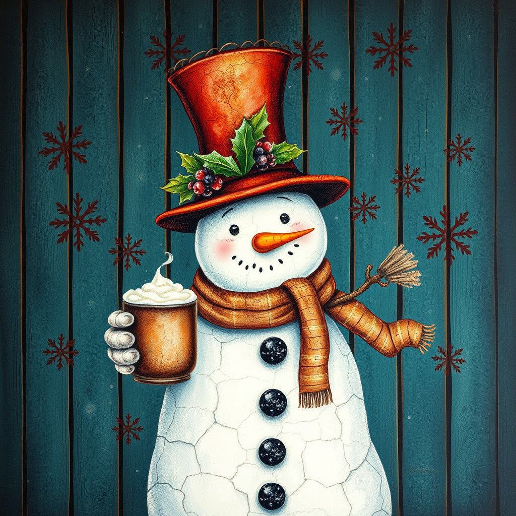 Snowman with Hot Chocolate: Scratchboard Style Drawing
