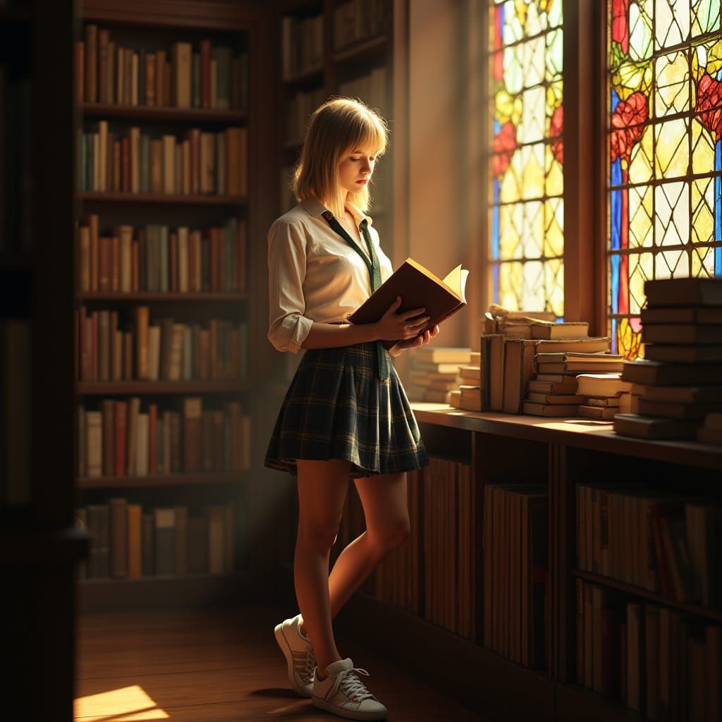 Young Woman Reads in Sunlit Library, Hyperrealistic Photo