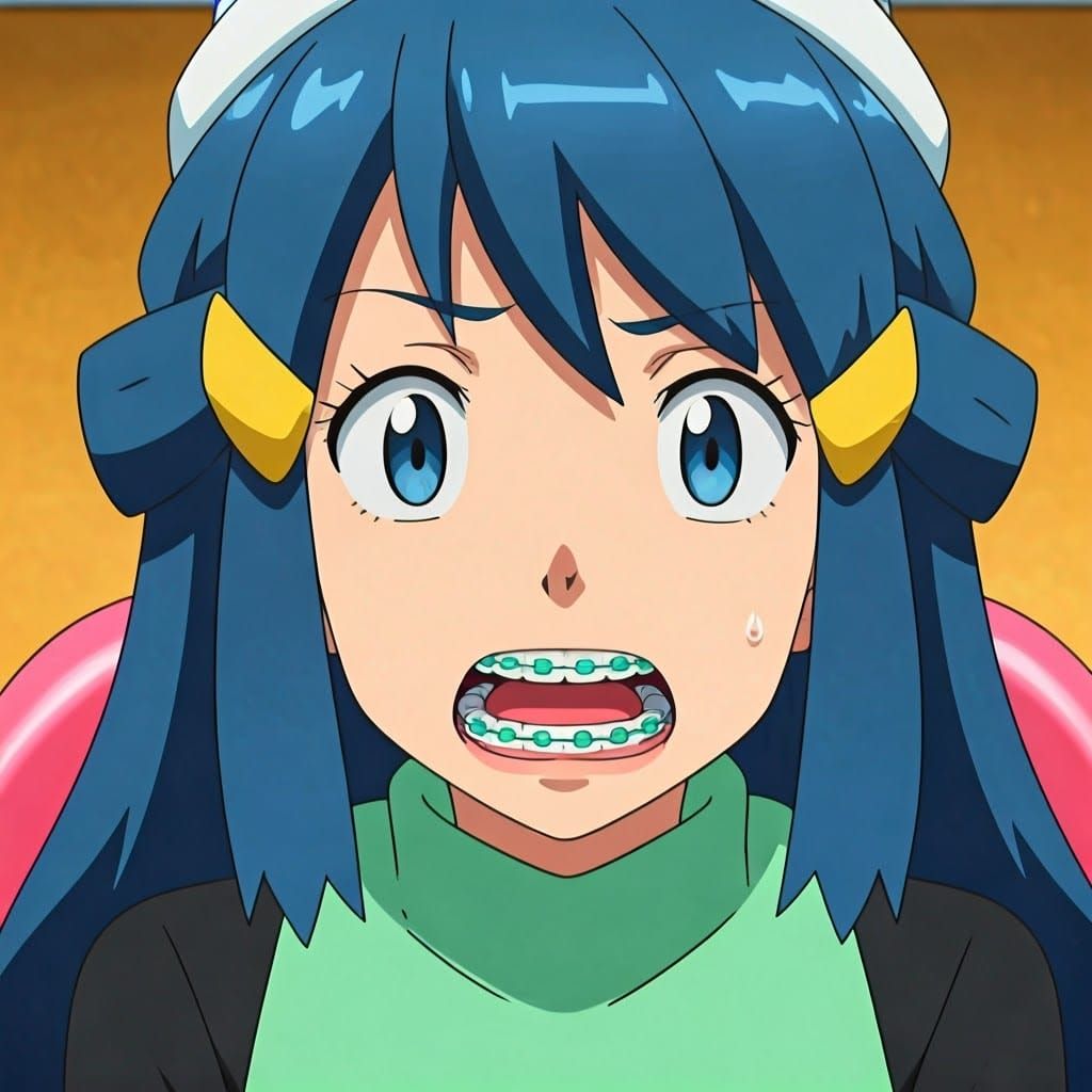 Dawn from Pokémon Anxious in Dentist Chair, Anime Style