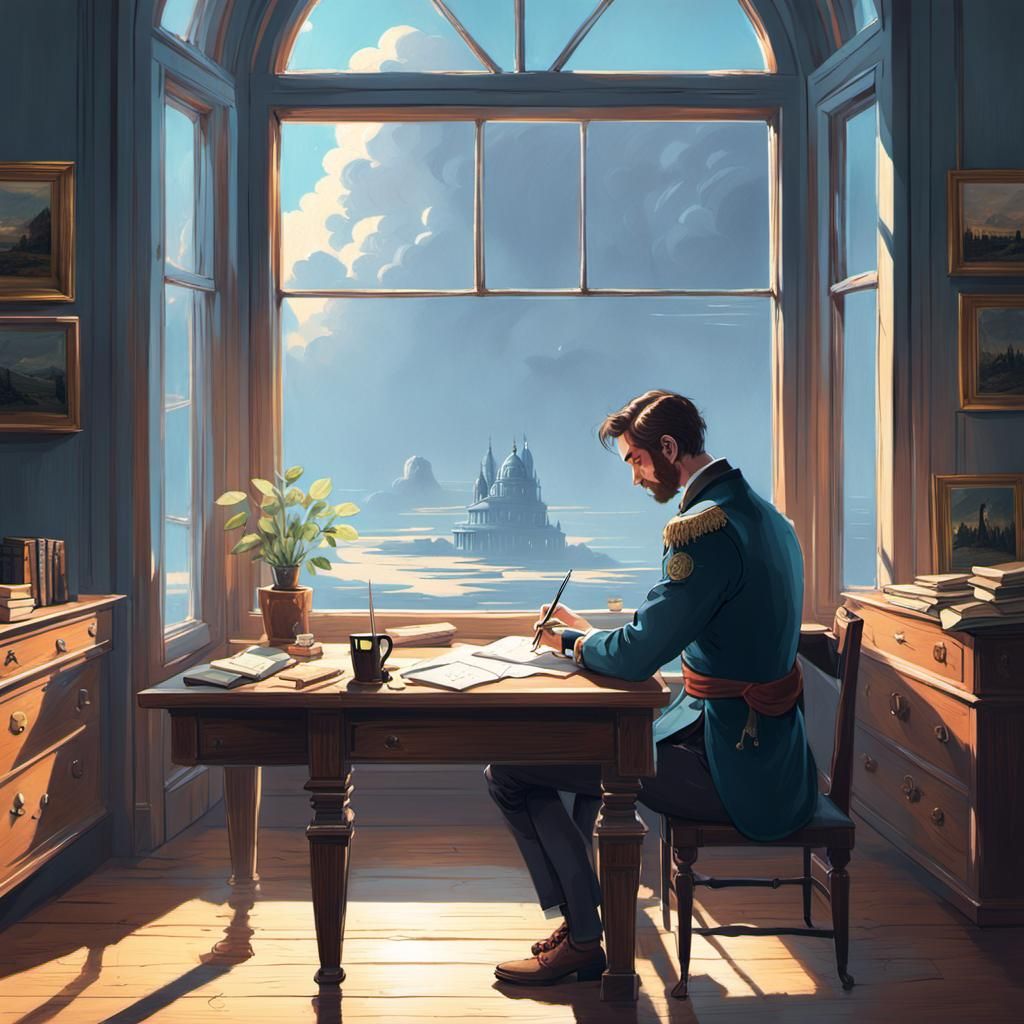 Regency Era Man Writes Letter: Atmospheric Matte Painting