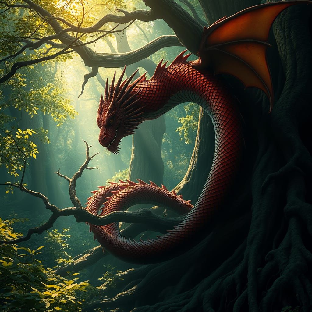 Majestic Crimson Dragon in Emerald Forest