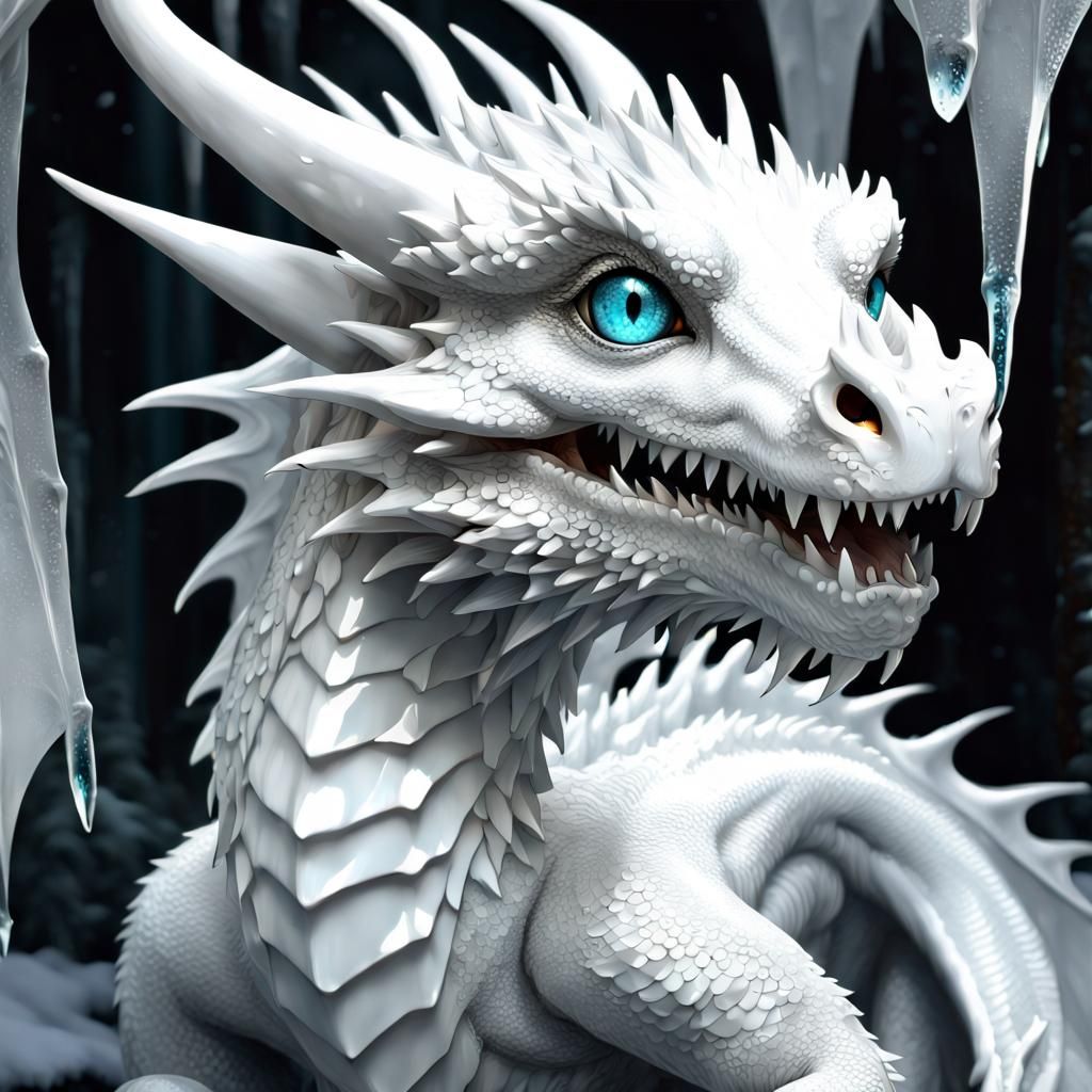 Adorable White Icicle Dragon Portrait in 3D
