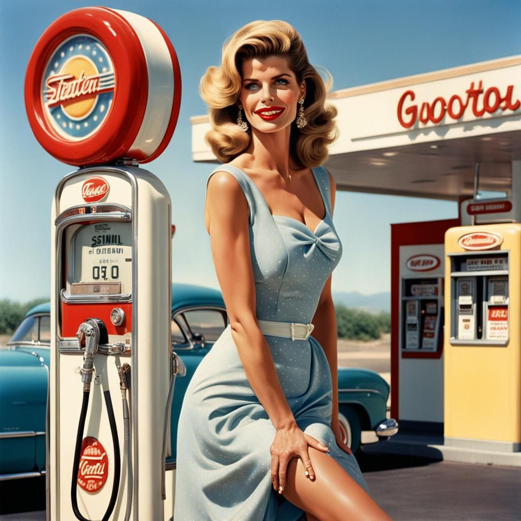 Vintage Pin-Up Girl at Gas Station in Summer Light