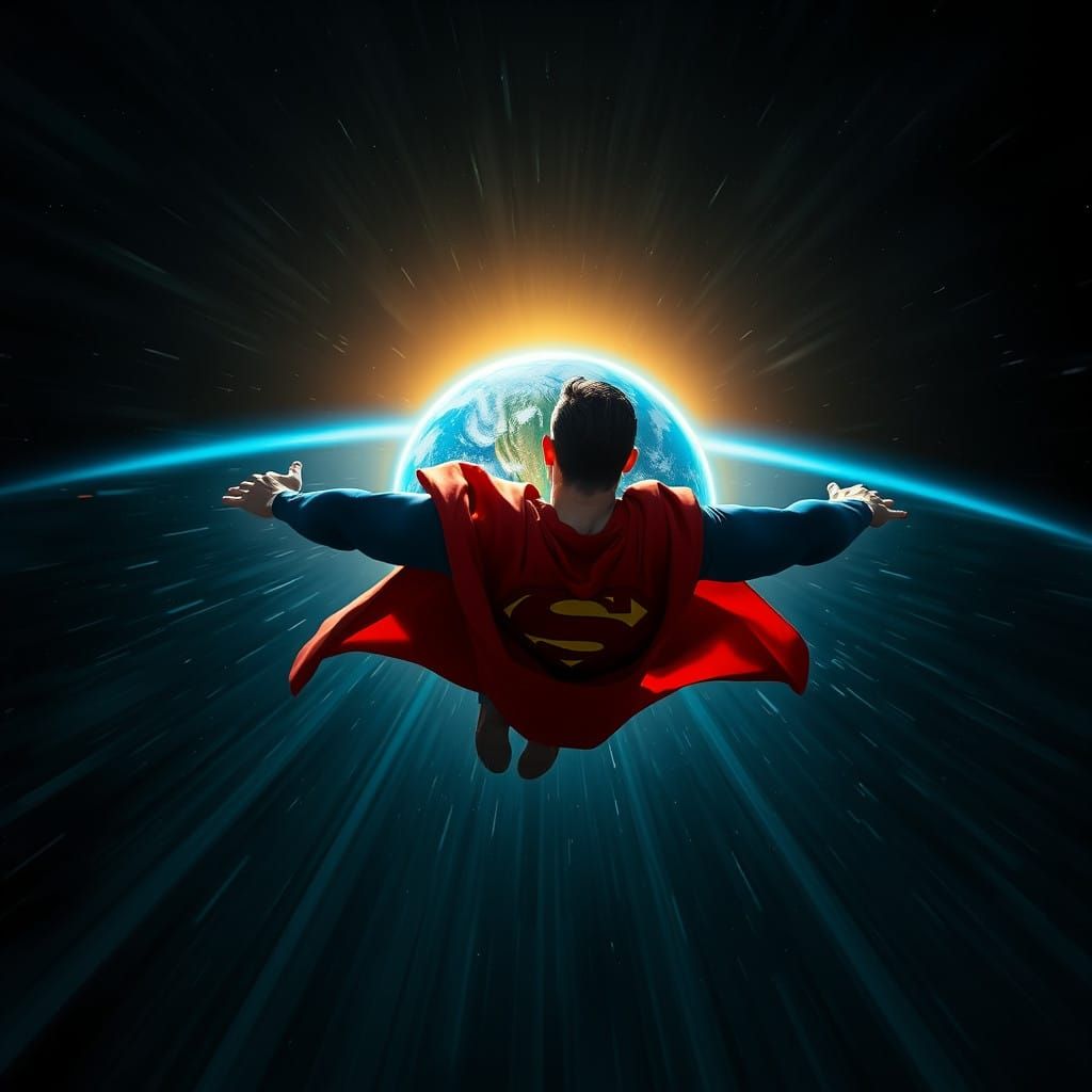 Superman Soars Through Space Towards a Majestic Earth