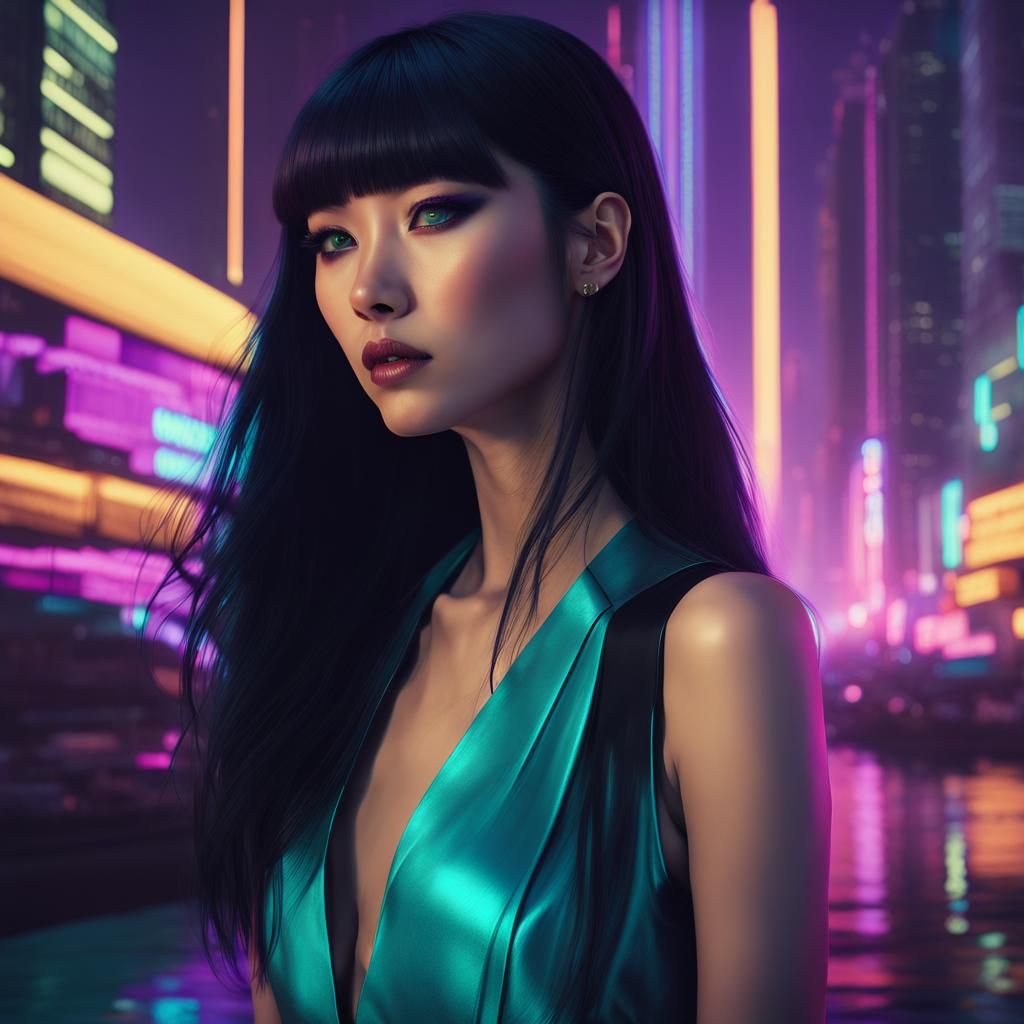 Elegant Woman in Synthwave Style with Purple Eyes