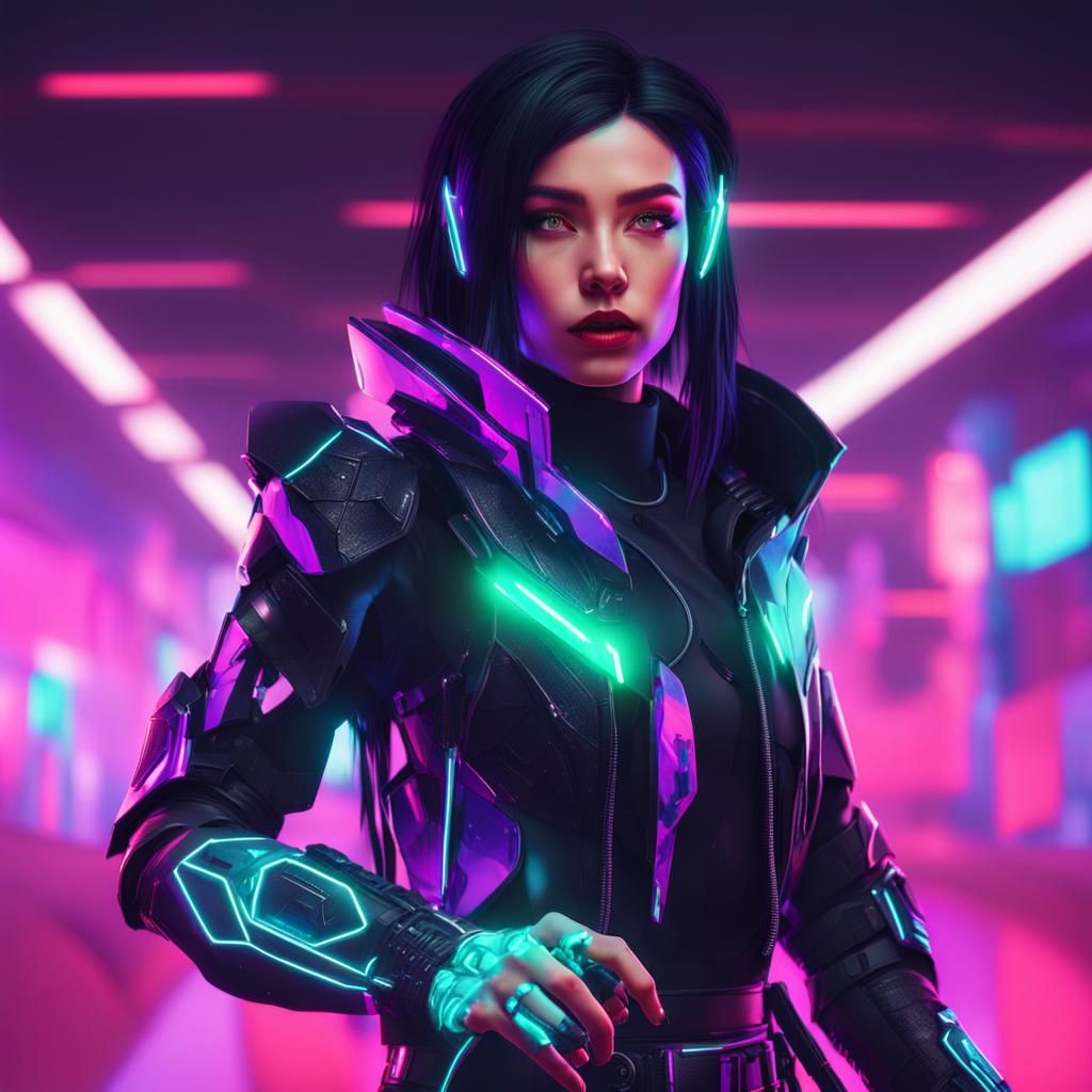 Elf Cyborg Warrior in Synthwave Neon Style