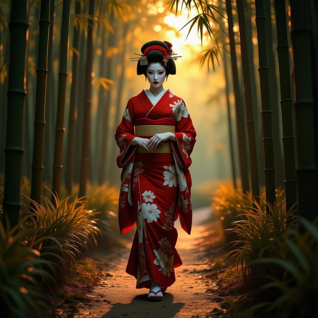 Geisha in Bamboo Forest with Volumetric Lighting