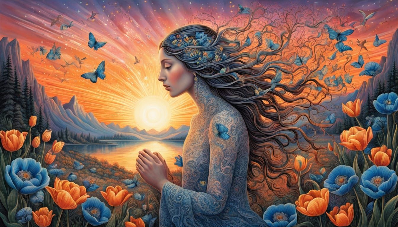 Surreal Sculpture with Bio Art Elements and Sunset