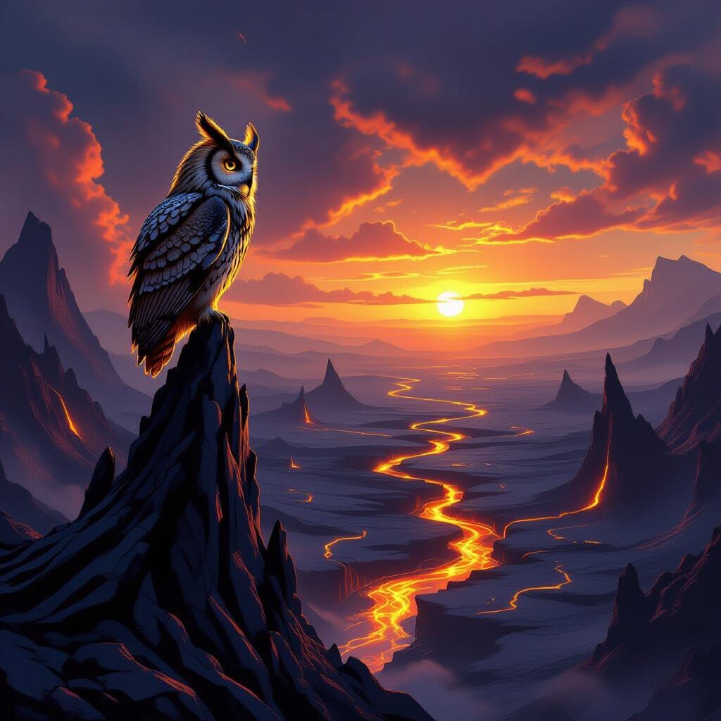 Golden Owl on Obsidian Spire Above Lava, Fantasy Art