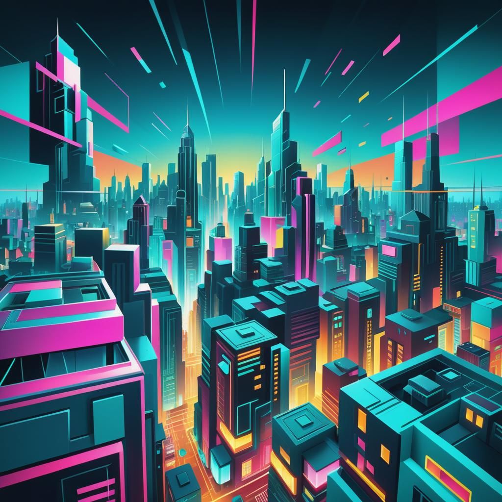 Neon Cityscape: A Retro Cubist Synthwave Odyssey