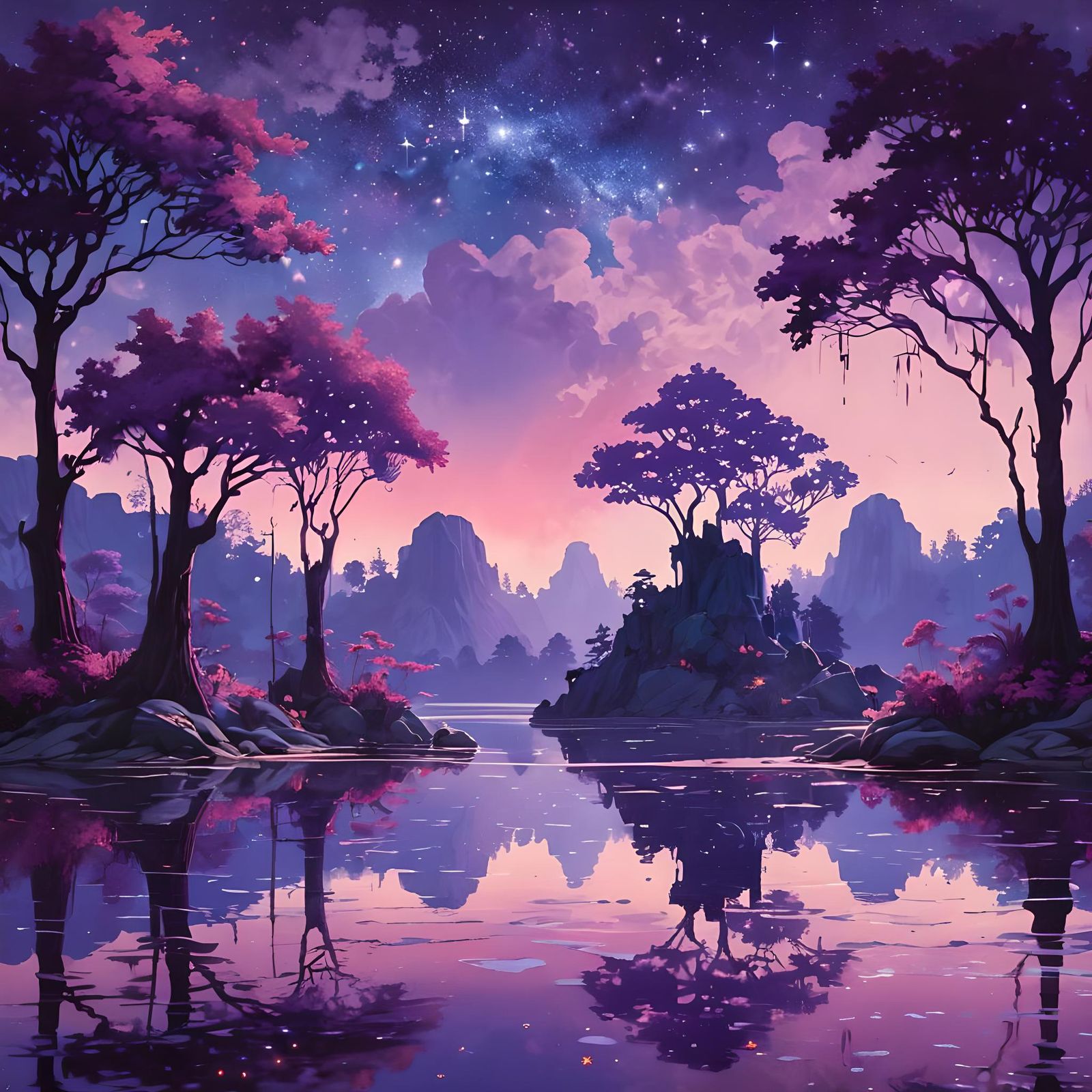 Mystical Purple Landscape with Fairies in Digital Art