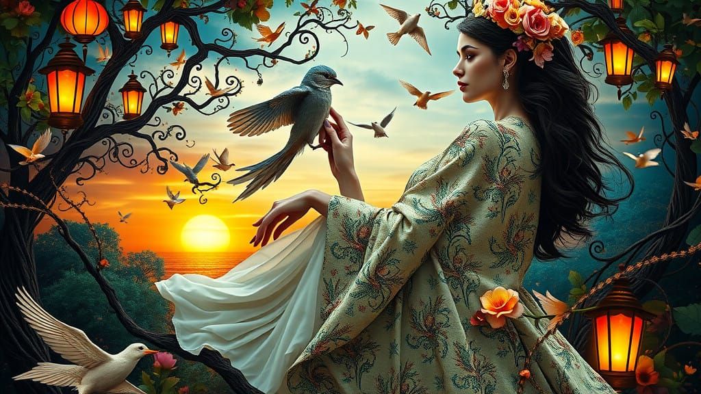 Dancing Goddess with Porcelain Features and Floral Adornment...