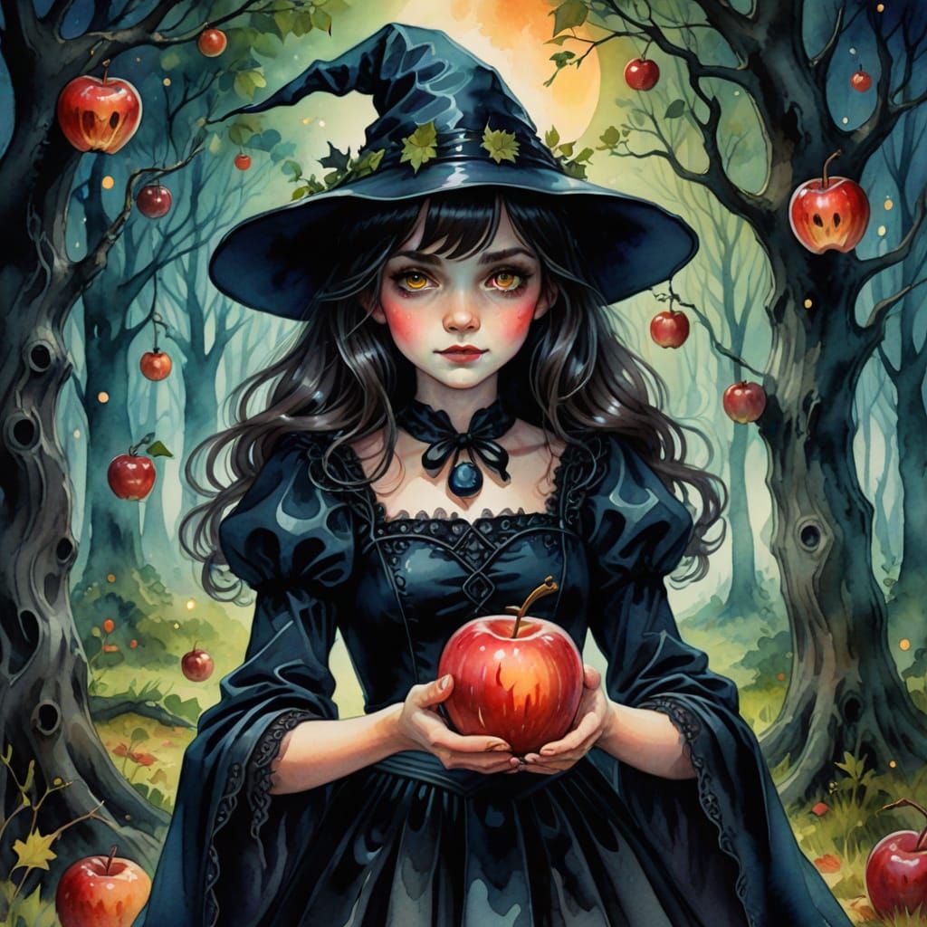 Little Witch and Poison Apple in Watercolor Style