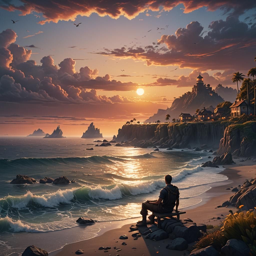 Ocean Sunset in Detailed Fantasy Painting