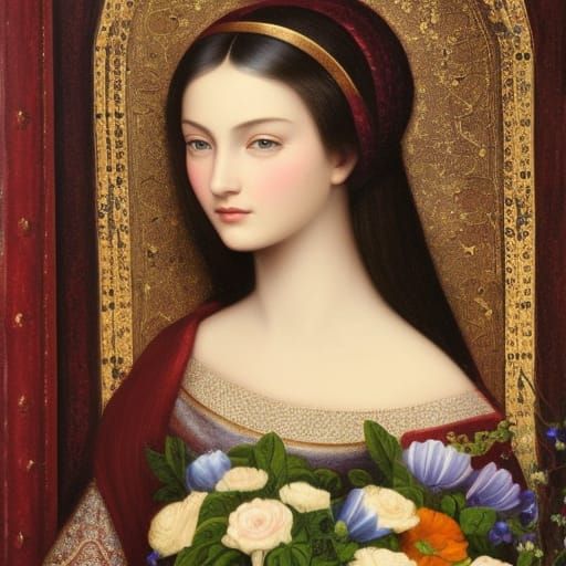 Medieval Girl with Flowers in Gouache Style