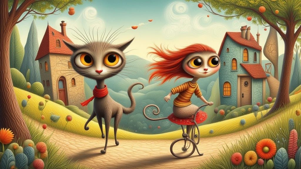 Girl on Bicycle with Running Weimaraner in Whimsical Style
