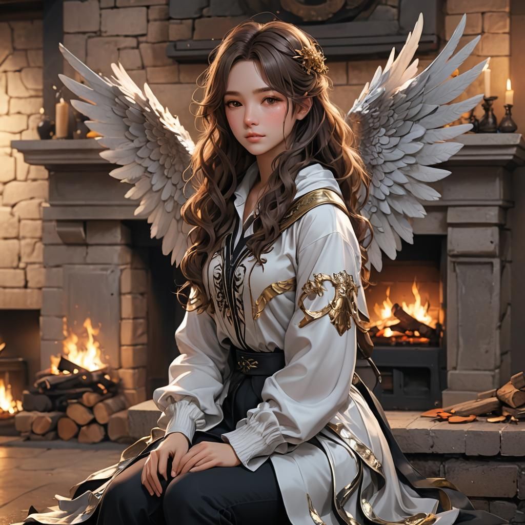 Winged Woman by Fireplace in 3D Anime Style