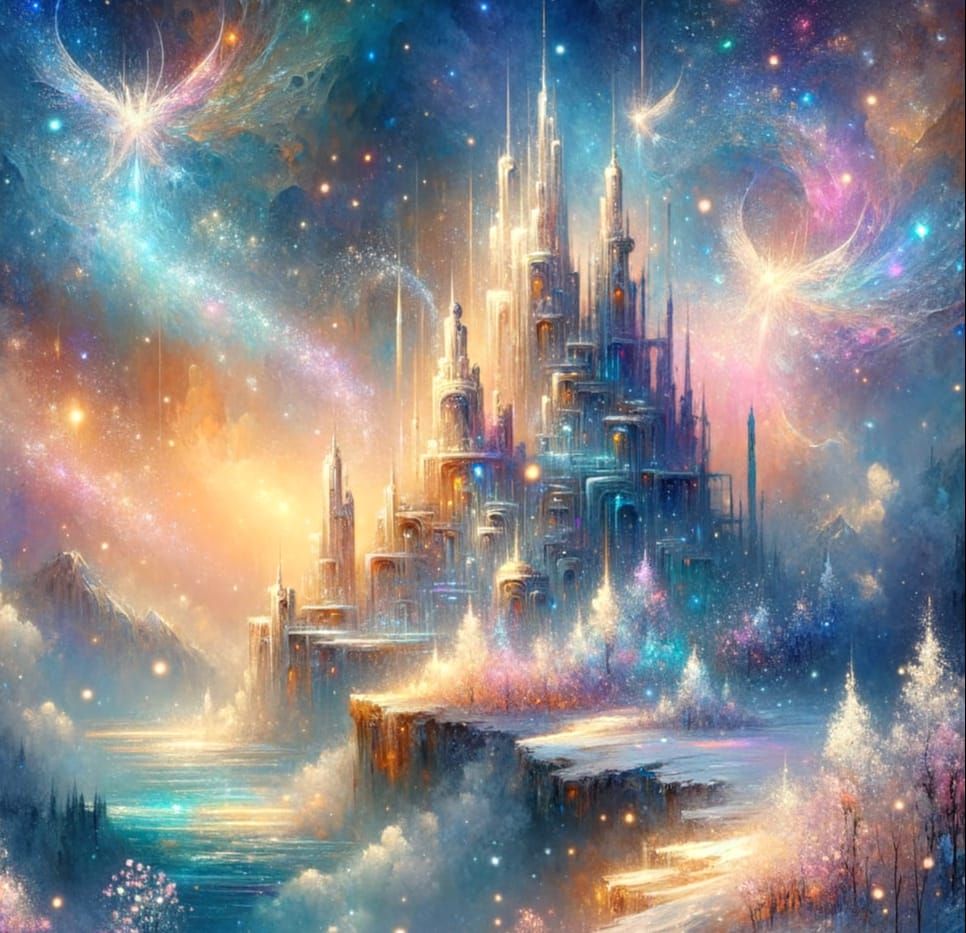 Whimsical Watercolour Fairy Citadel on Snowy Mountain