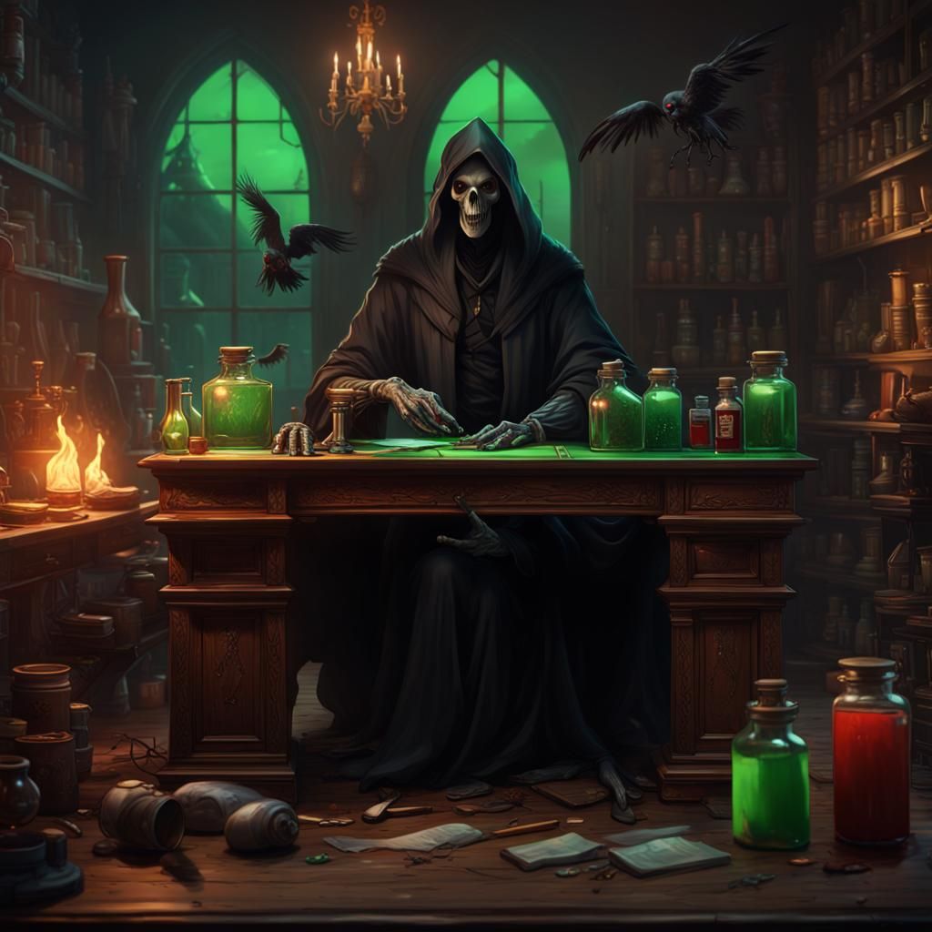 Grim Reaper Making Potions: Detailed Matte Painting