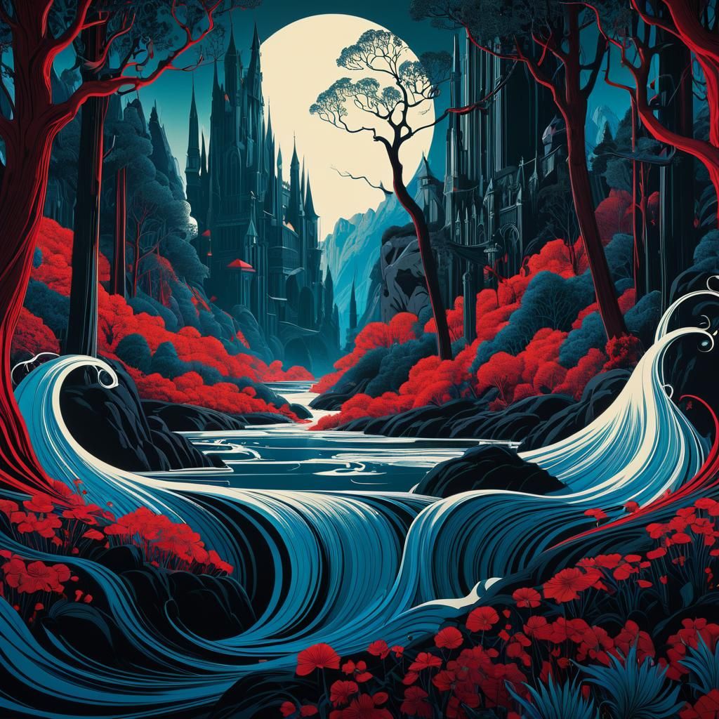 Fantastical Matte Painting in Aubrey Beardsley Style