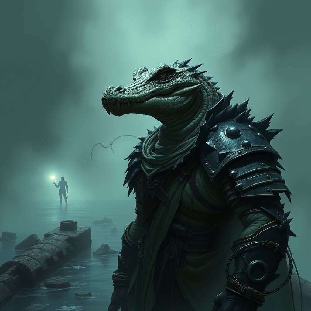 Crocodile-Like Vandal Leader in Eerie Waterscape