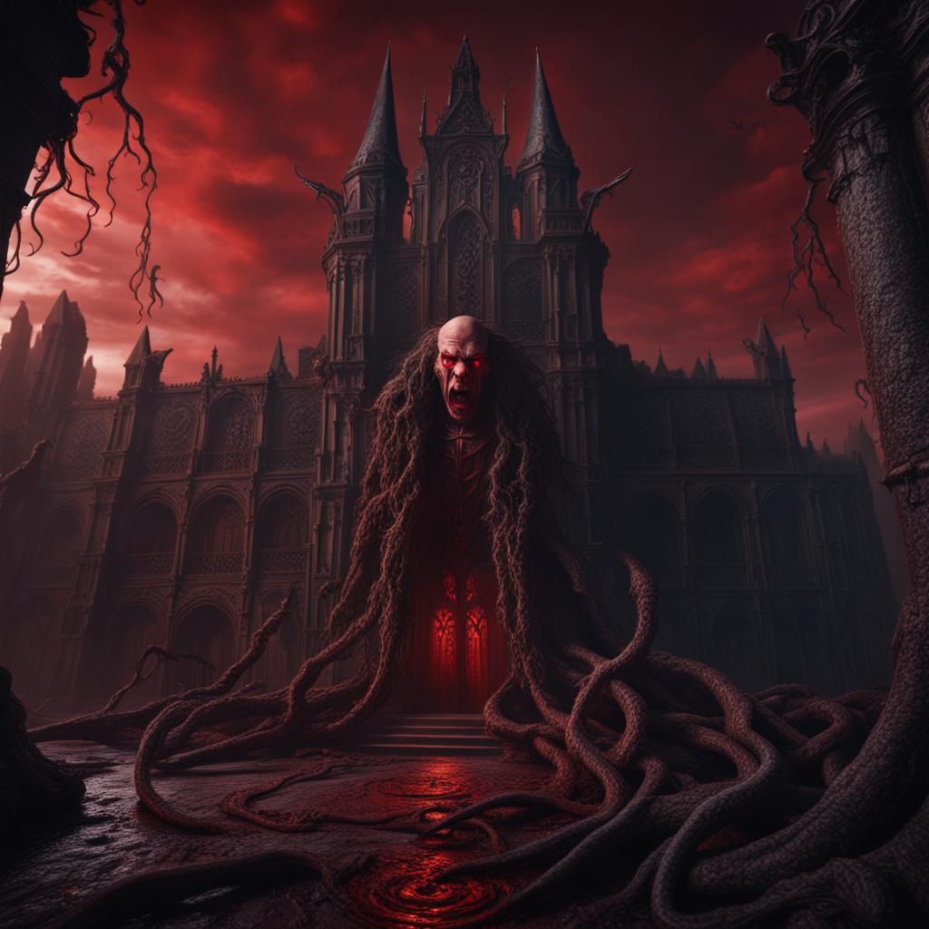 Demonic Lovecraftian Dracula's Castle: Detailed Matte Painti...