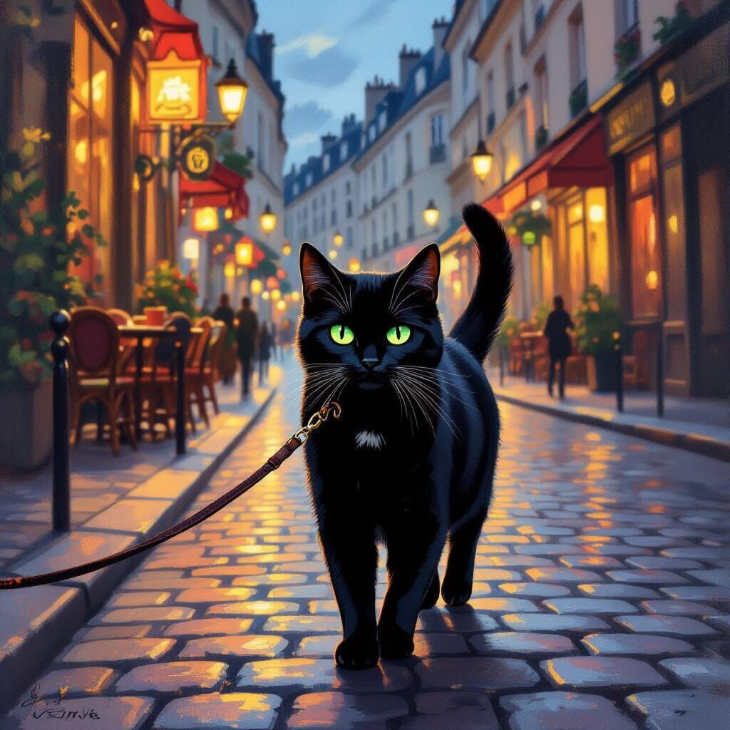 Sleek Black Cat Walks Paris Street at Twilight