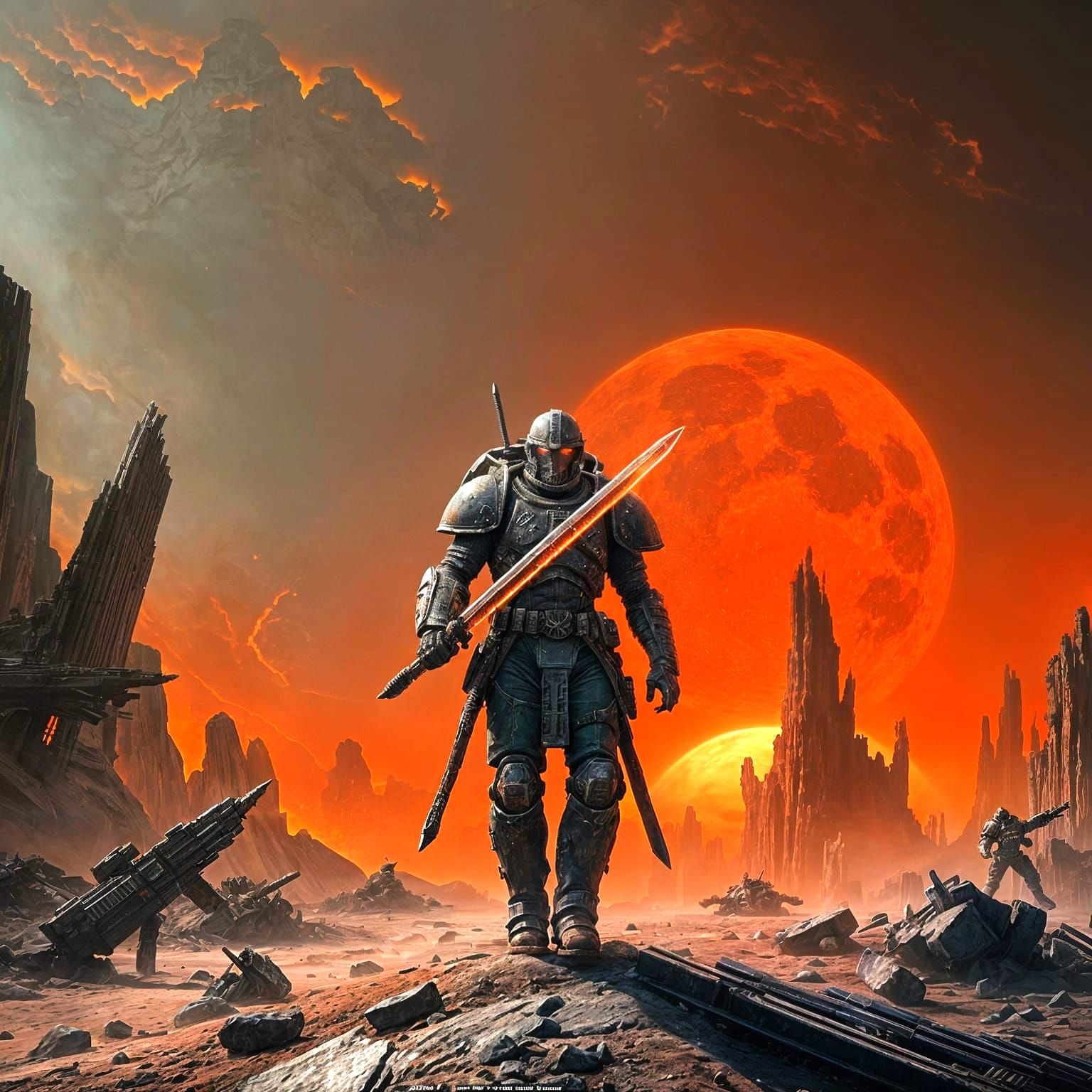 Warrior Silhouetted Against Red Sunset on War-Torn Planet