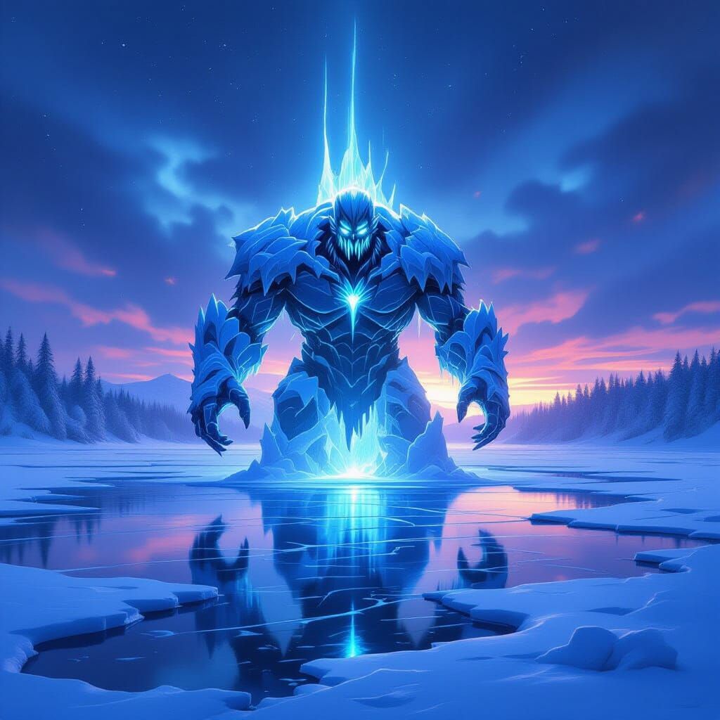 Ice Golem Emerges From Frozen Lake Under Twilight Sky