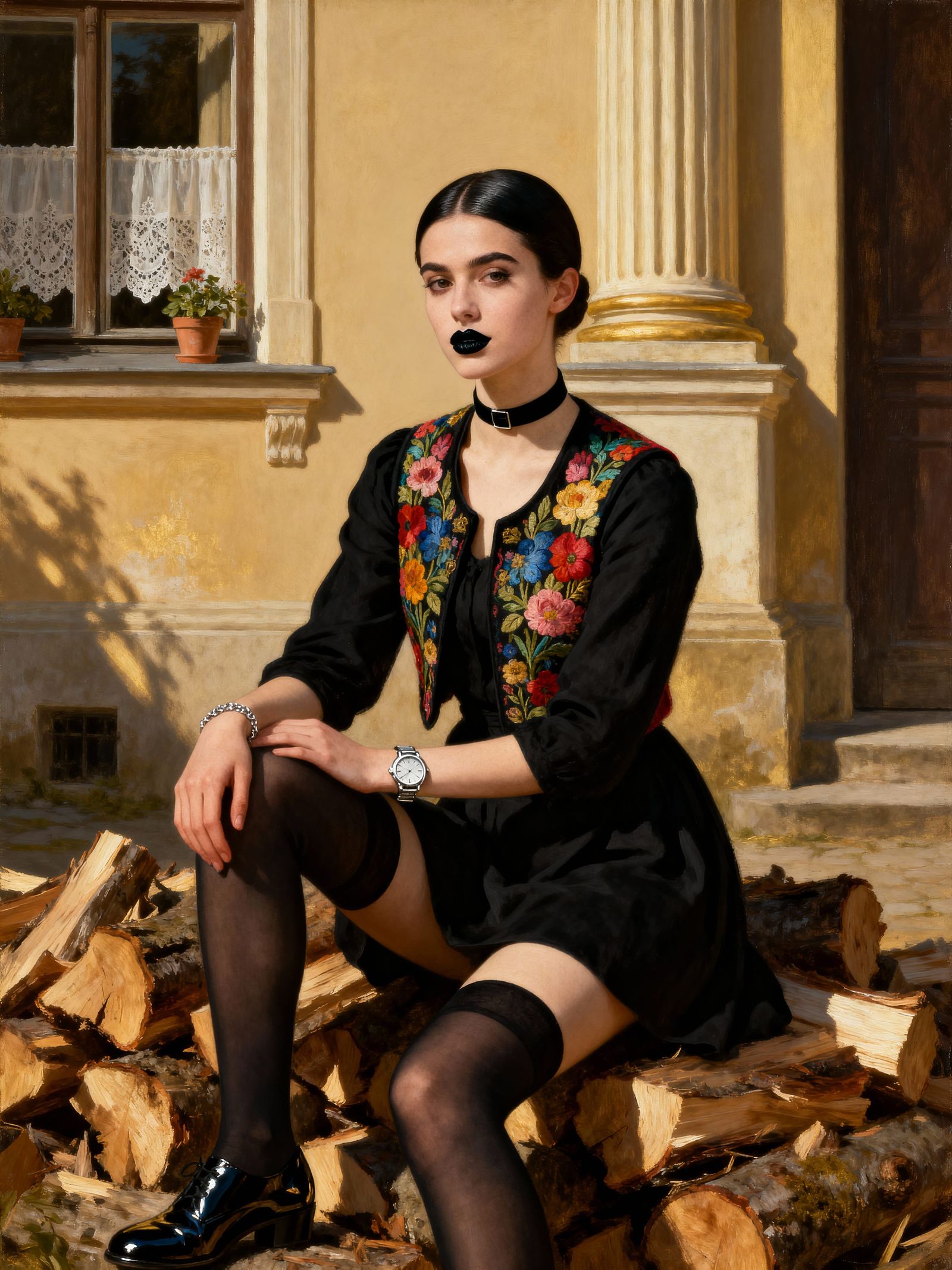 Woman in Floral Vest on Firewood, Vermeer Style