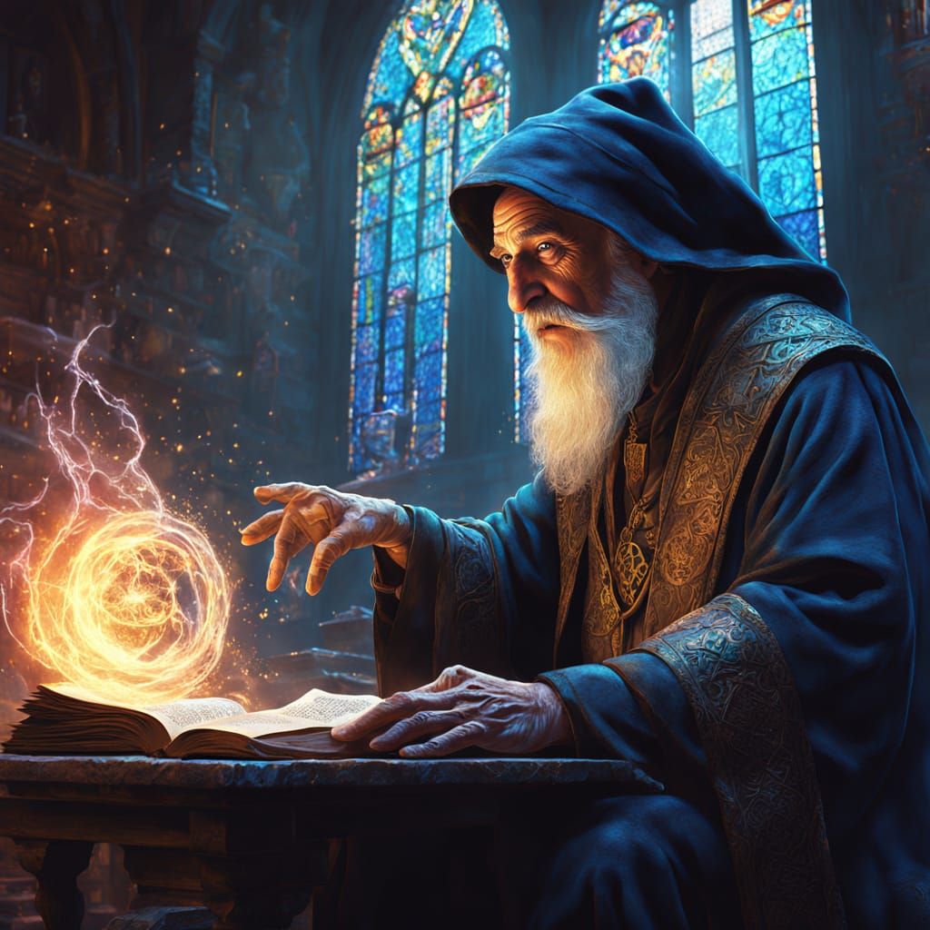 Wizard Levitates Books in Mystical Library: Digital Art