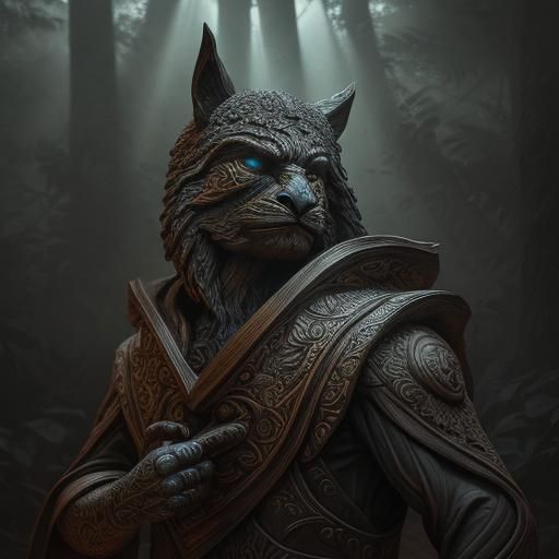 Hyperrealistic Wood Carvings in Mysterious Forest