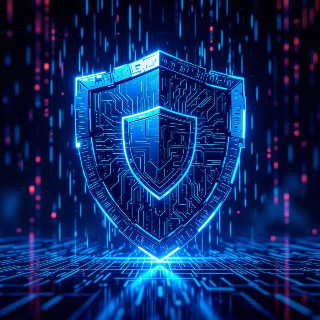 Futuristic Cybersecurity Shield with Electric Blue Circuits