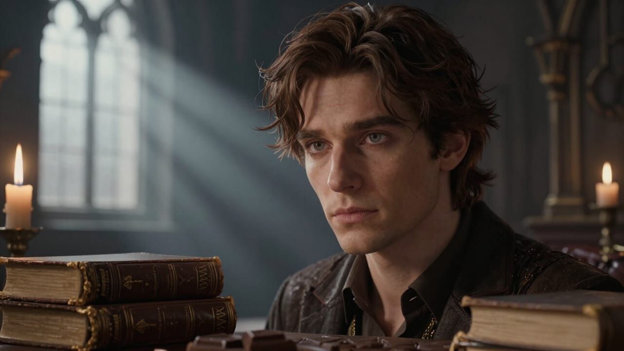 Handsome Man in Gothic Chamber with Burning Candles