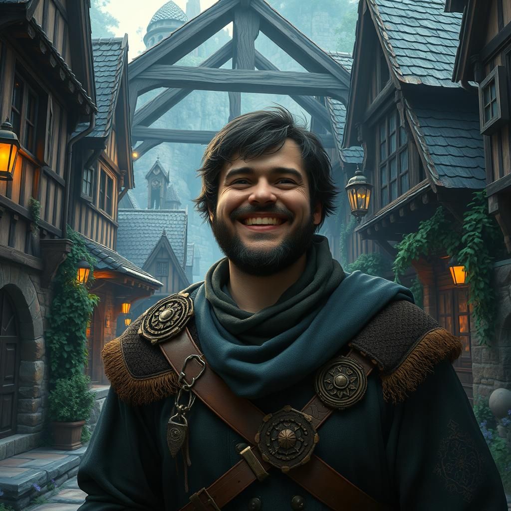 Joyful Medieval Man in Detailed Townscape